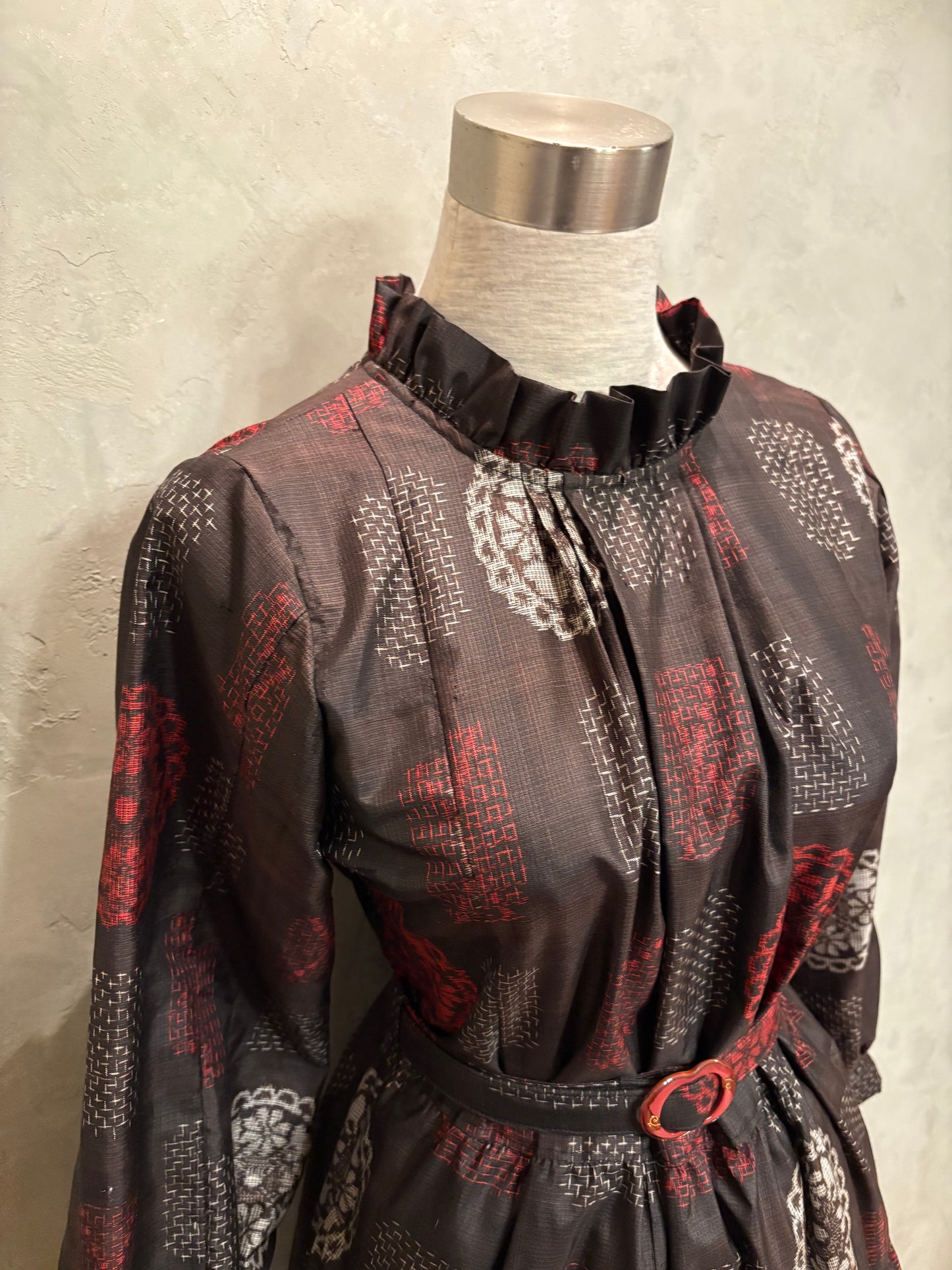 【大島紬】フリル襟大人ティアードスカートドレス