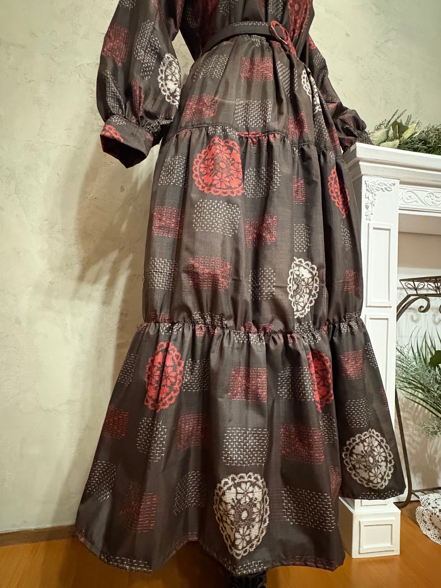 【大島紬】フリル襟大人ティアードスカートドレス　