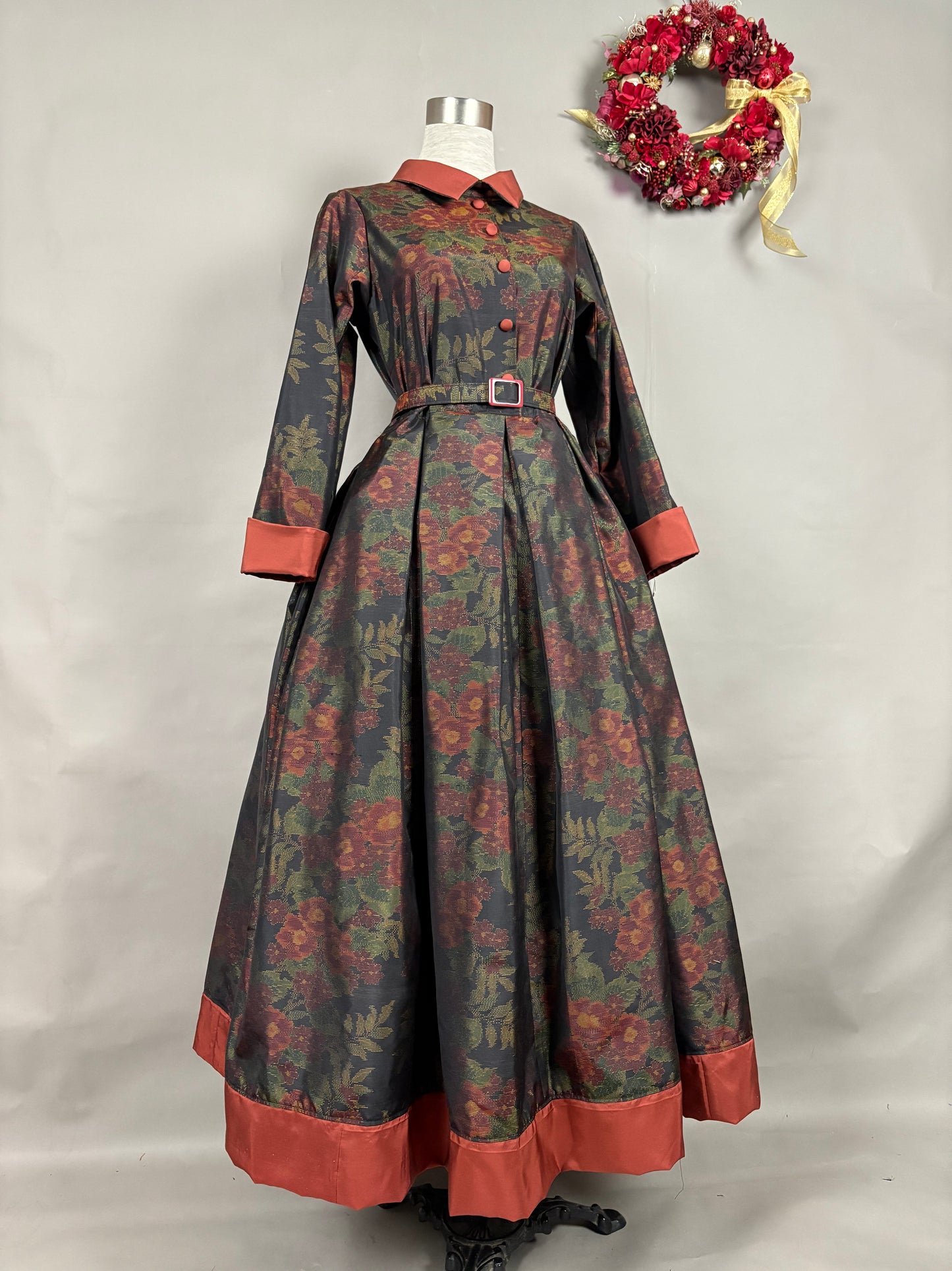 【大島紬】シャツカラー風ロングドレス