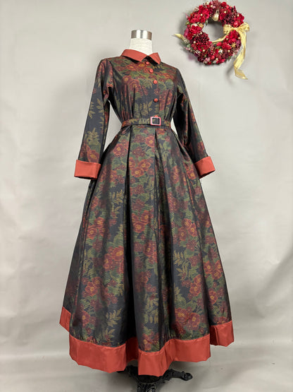 【大島紬】シャツカラー風ロングドレス