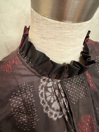 【大島紬】フリル襟大人ティアードスカートドレス　