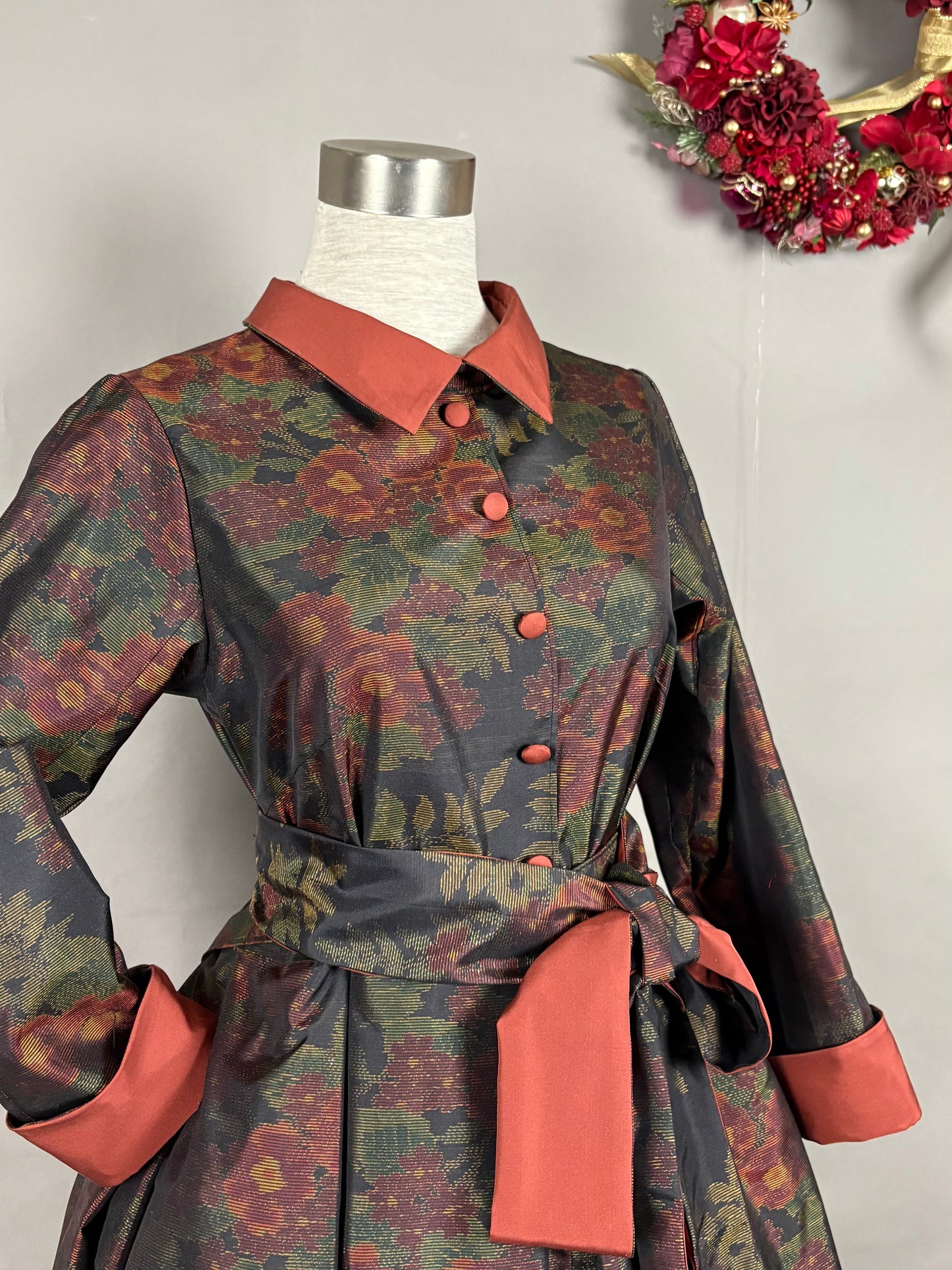 【大島紬】シャツカラー風ロングドレス