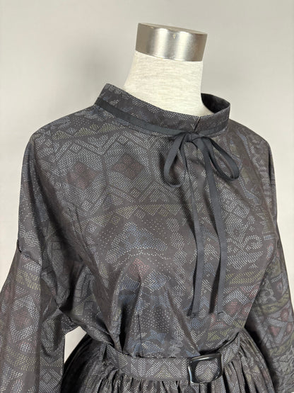 【大島紬】ドロップショルダーギャザースカートドレス