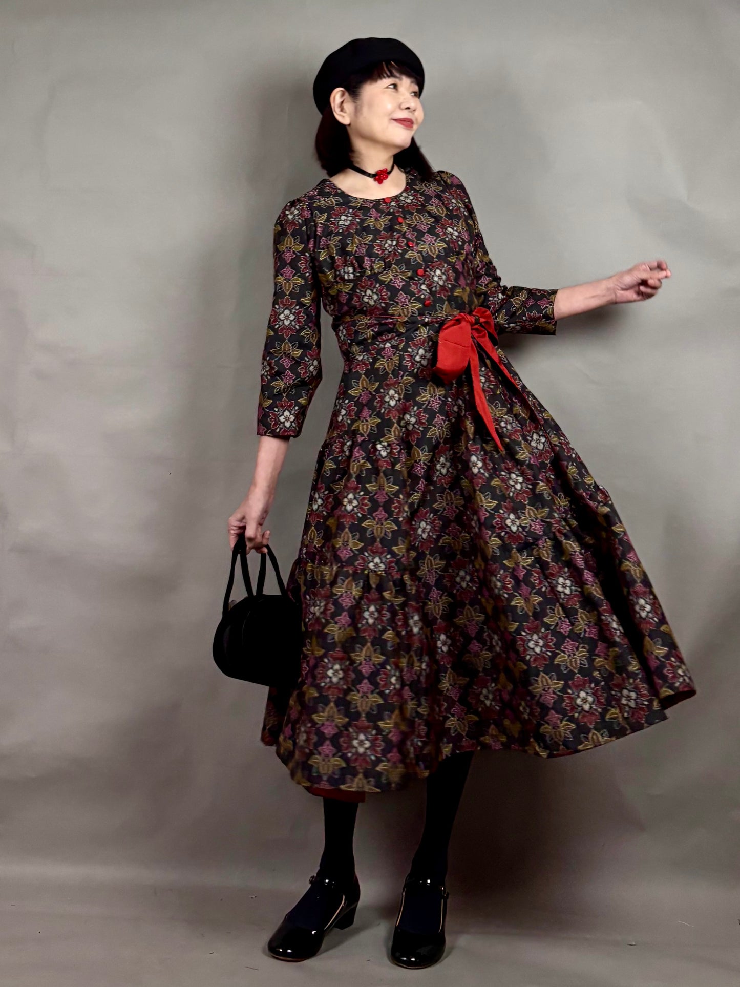 【大島紬】ヴィンテージ風ティアードサーキュラードレス　