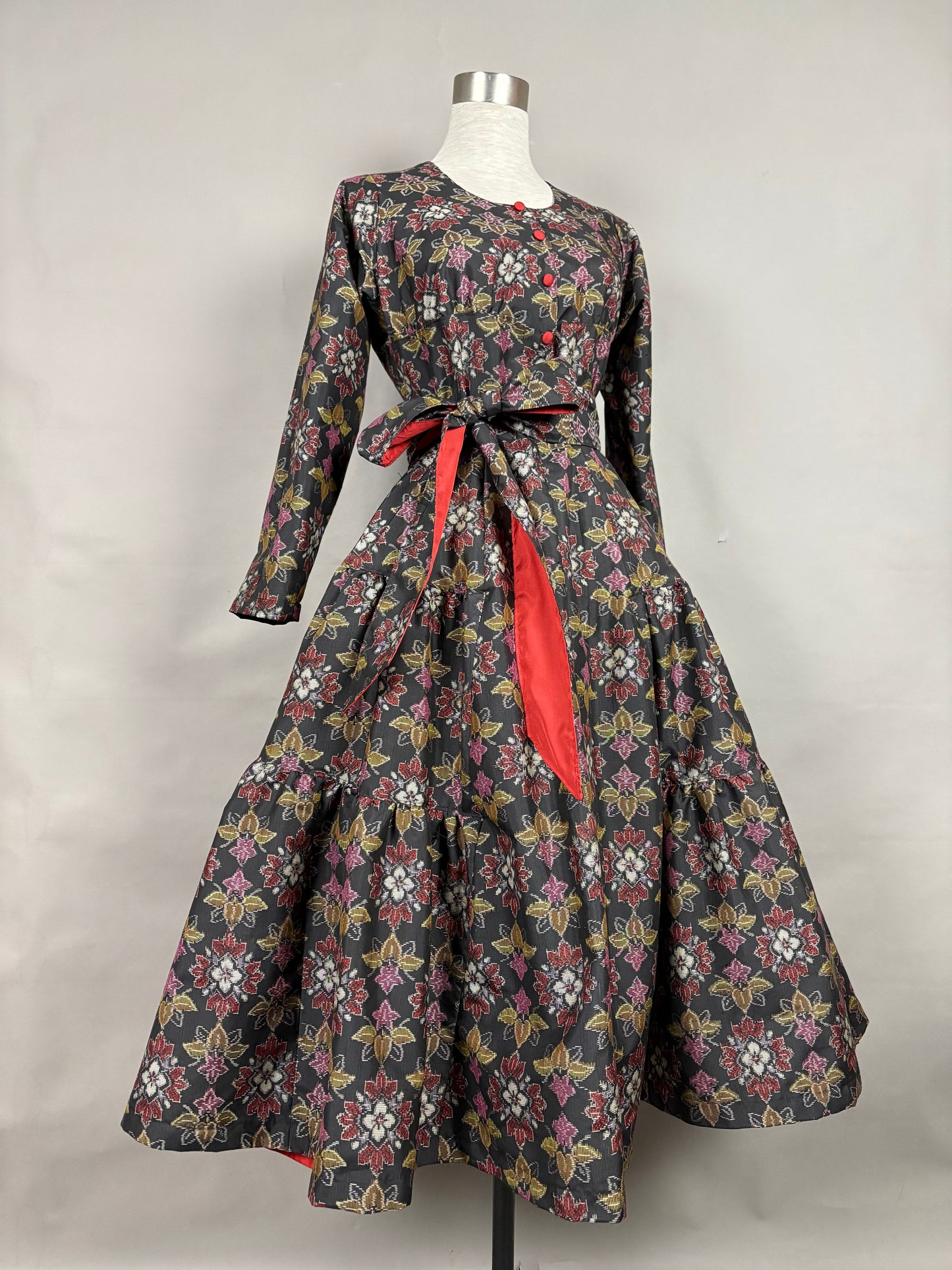 【大島紬】ヴィンテージ風ティアードサーキュラードレス　