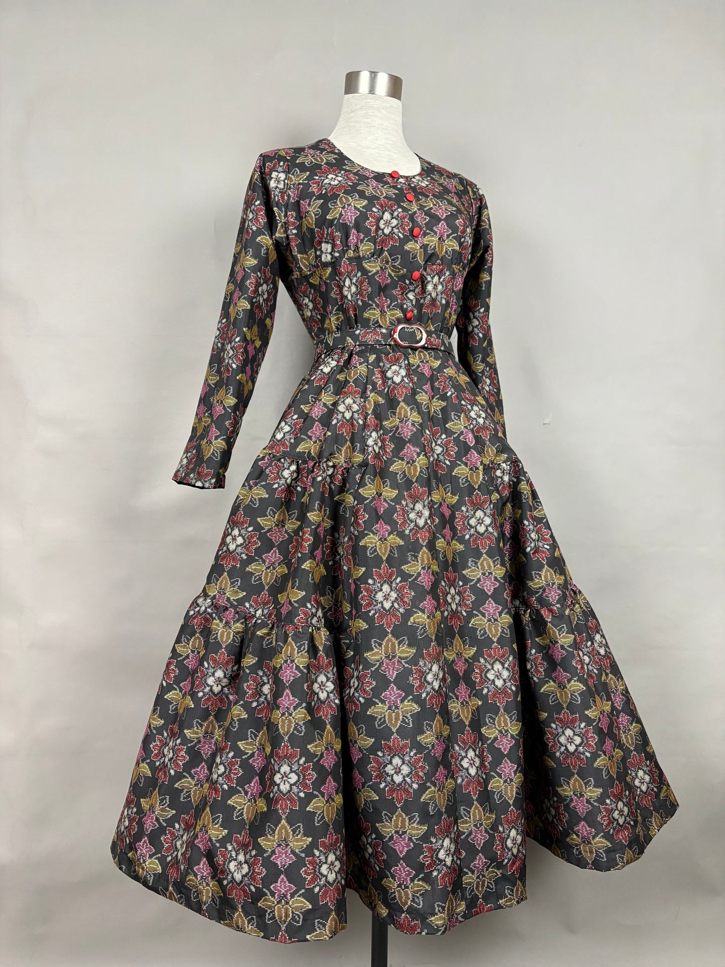 【大島紬】ヴィンテージ風ティアードサーキュラードレス　