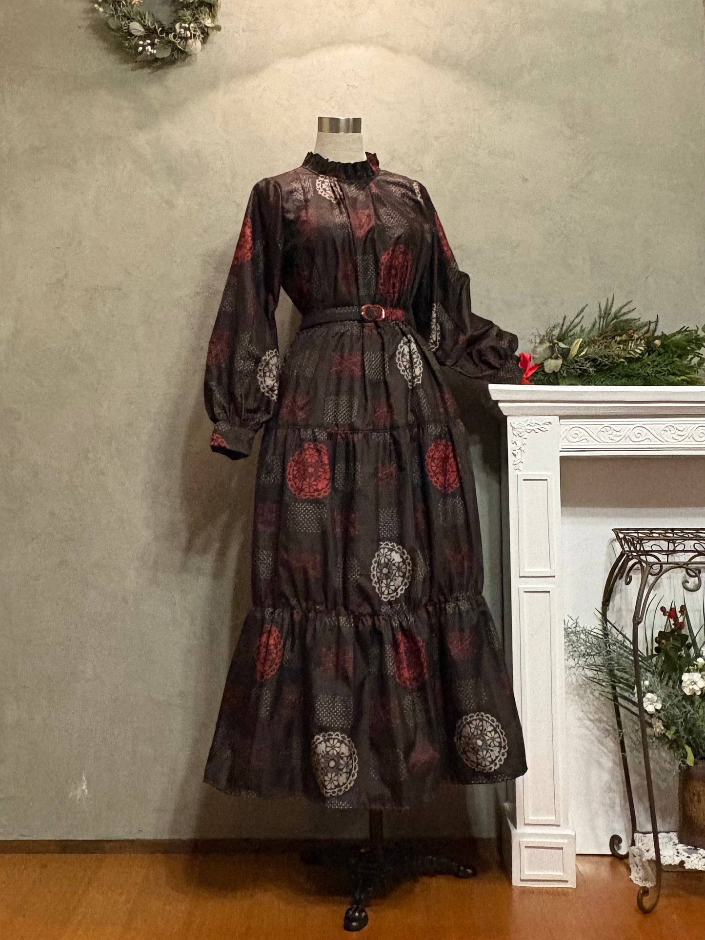 【大島紬】フリル襟大人ティアードスカートドレス　