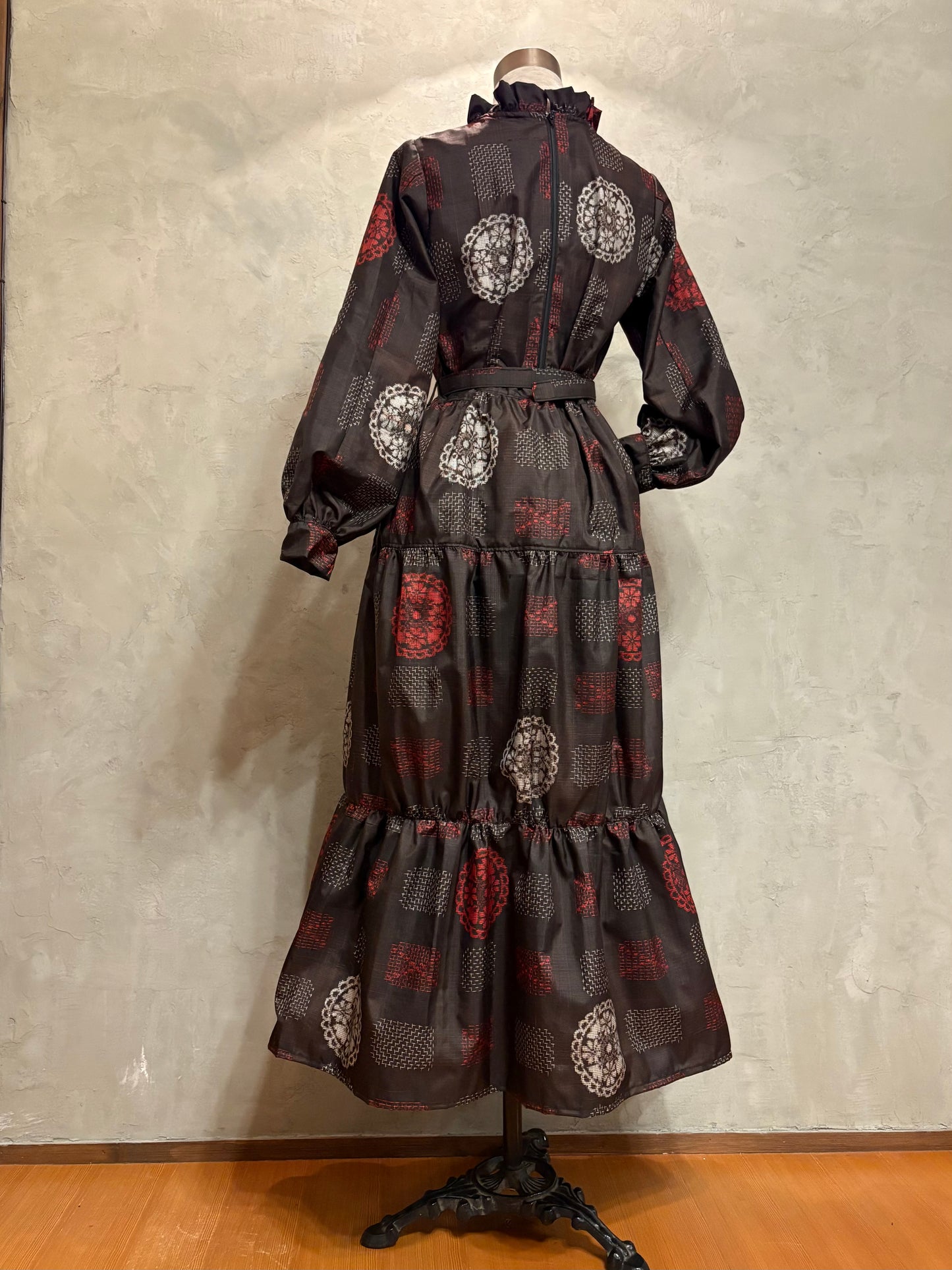 【大島紬】フリル襟大人ティアードスカートドレス　