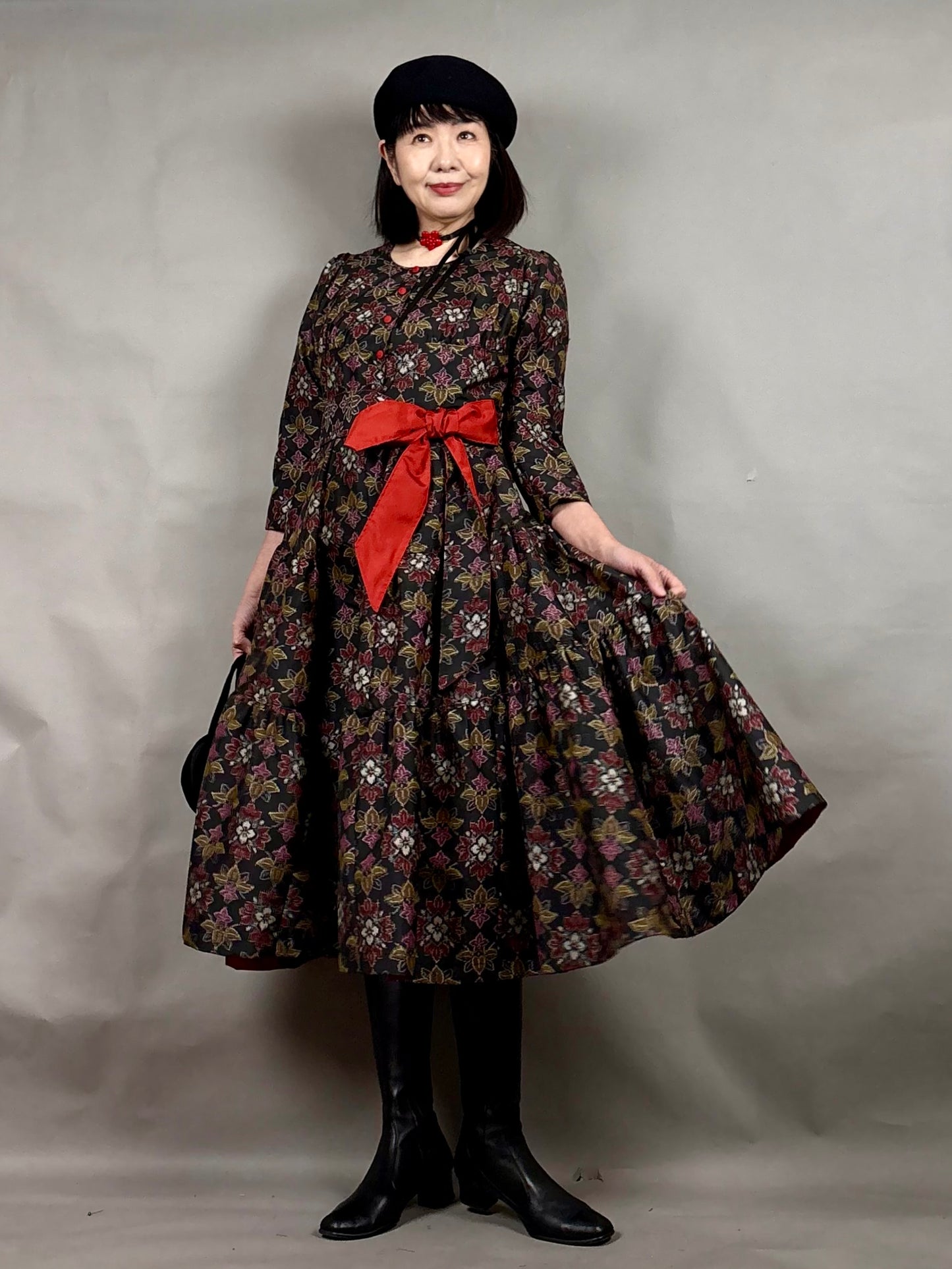 【大島紬】ヴィンテージ風ティアードサーキュラードレス　