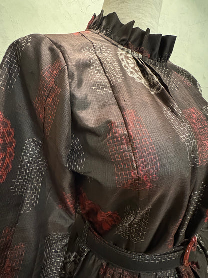 【大島紬】フリル襟大人ティアードスカートドレス　