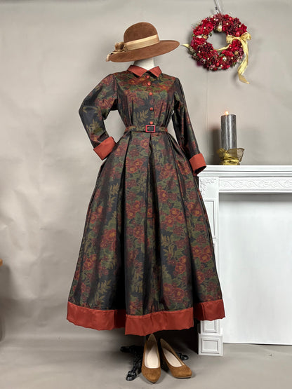 【大島紬】シャツカラー風ロングドレス