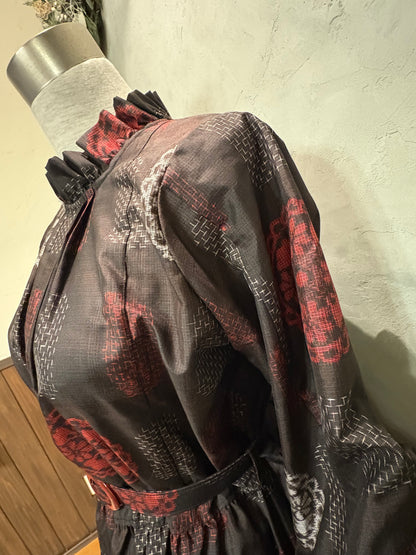 【大島紬】フリル襟大人ティアードスカートドレス　