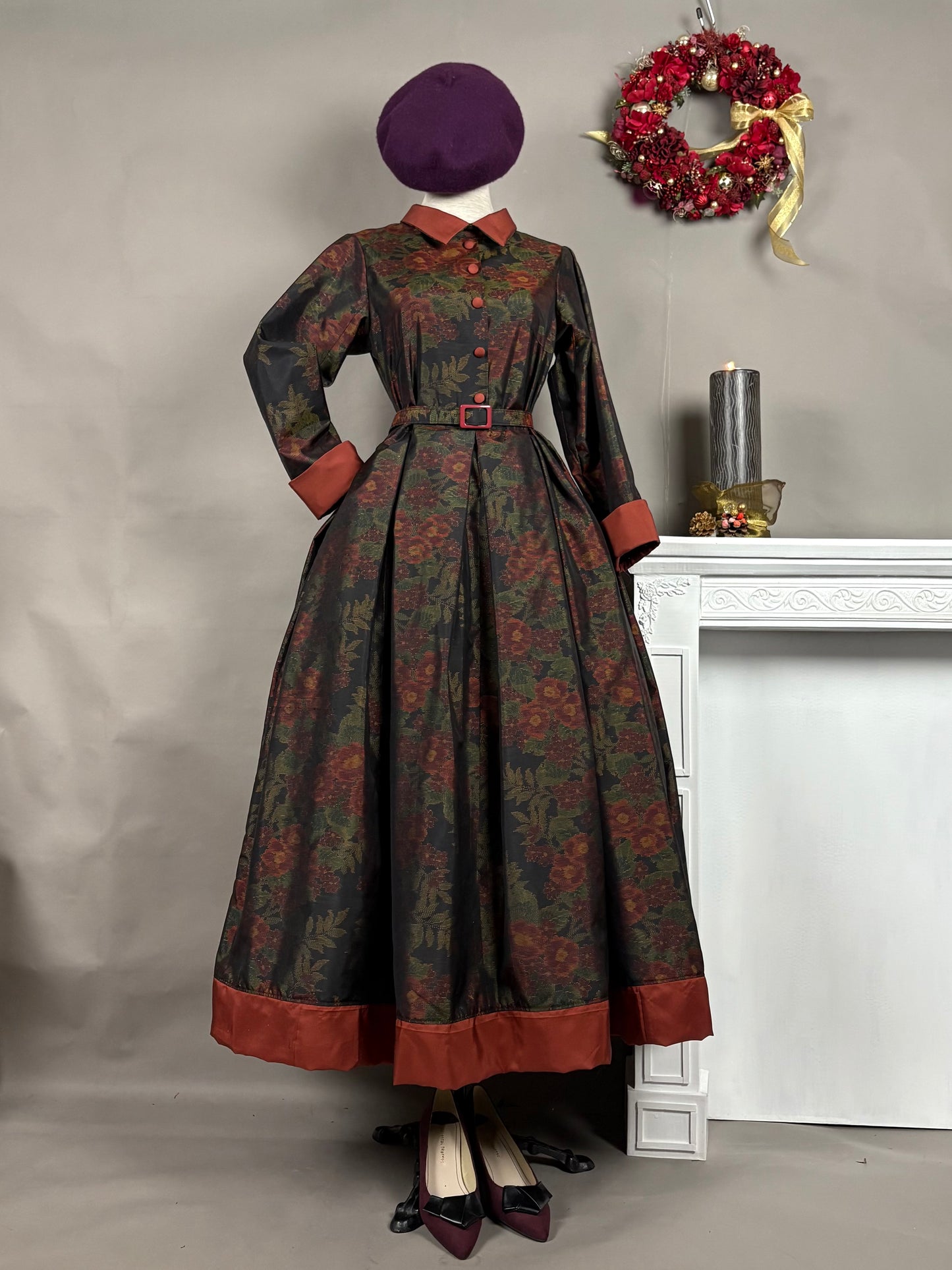 【大島紬】シャツカラー風ロングドレス