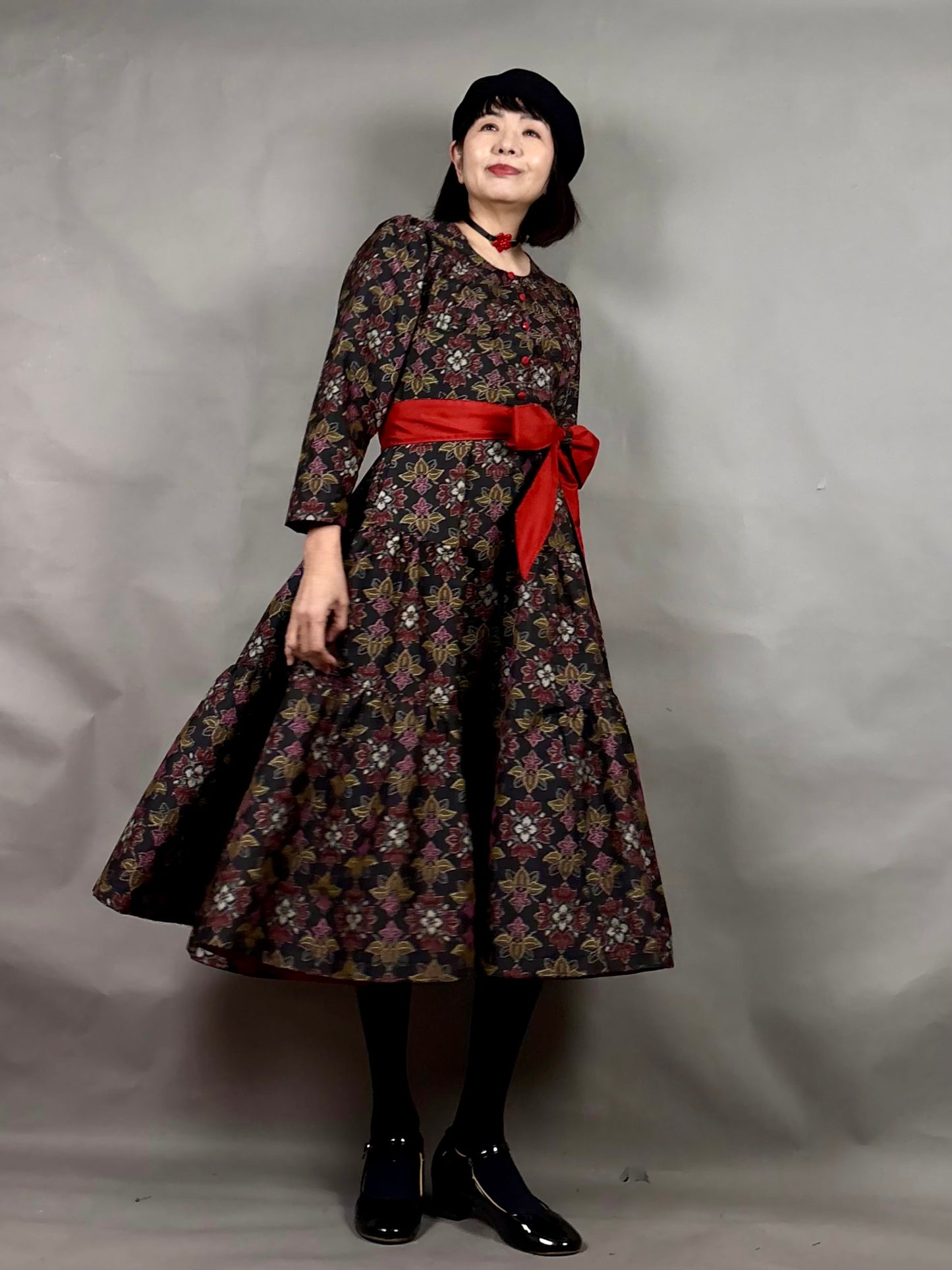 【大島紬】ヴィンテージ風ティアードサーキュラードレス　