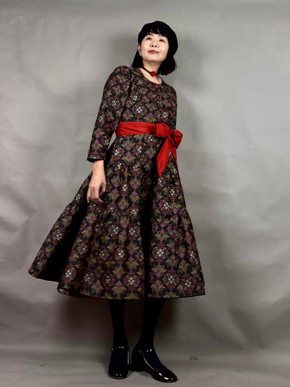 【大島紬】ヴィンテージ風ティアードサーキュラードレス　