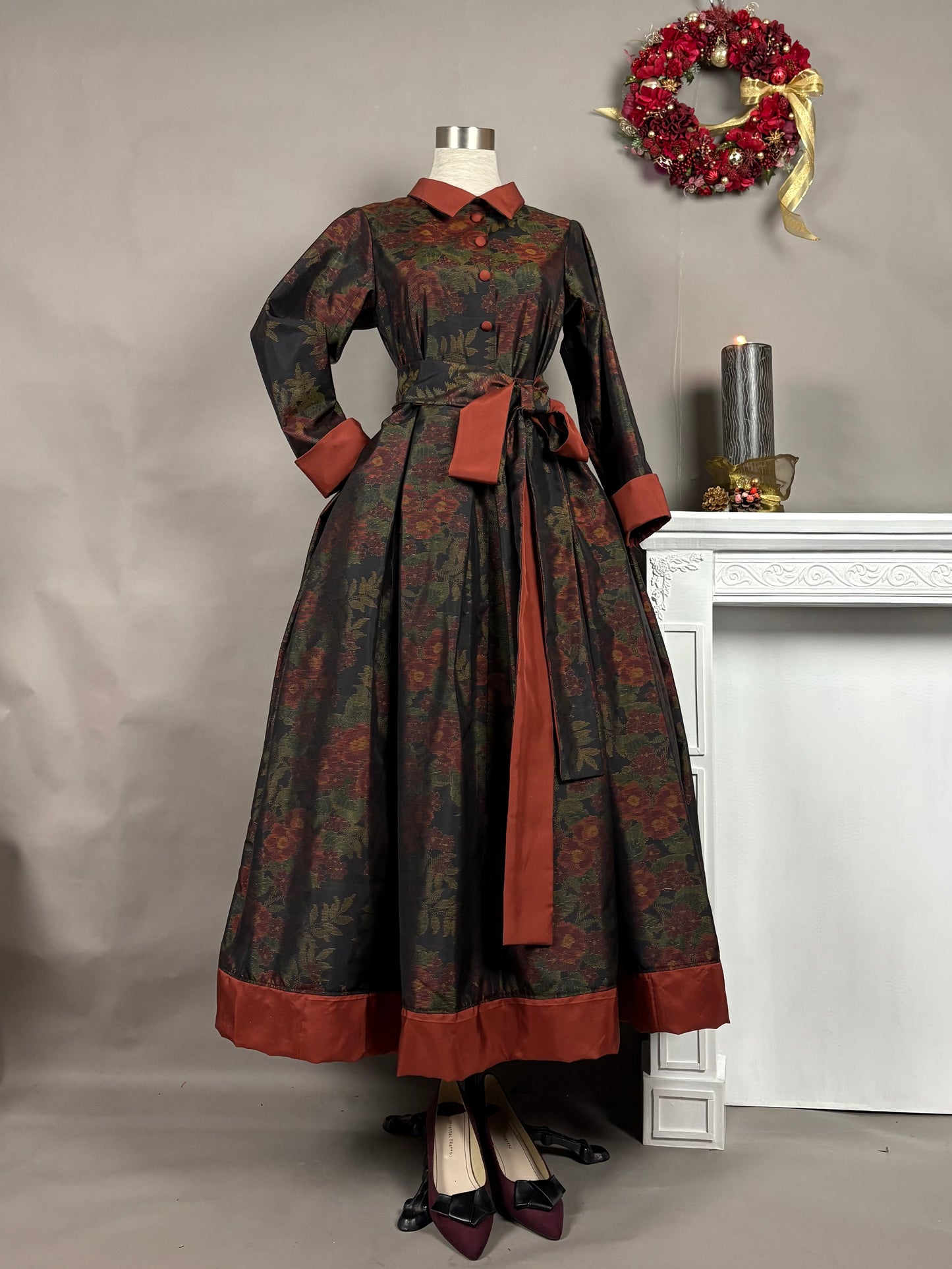 【大島紬】シャツカラー風ロングドレス