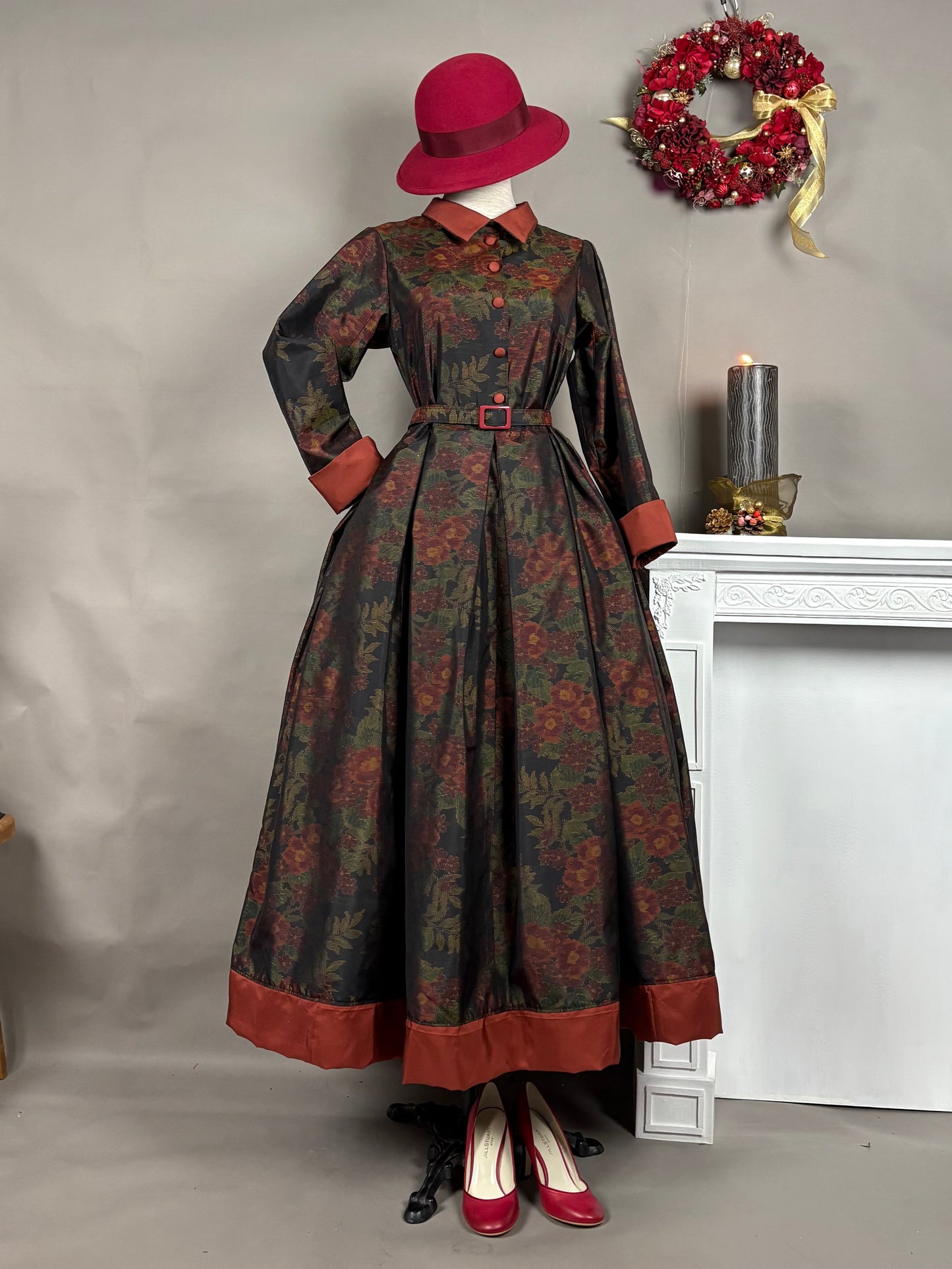 【大島紬】シャツカラー風ロングドレス