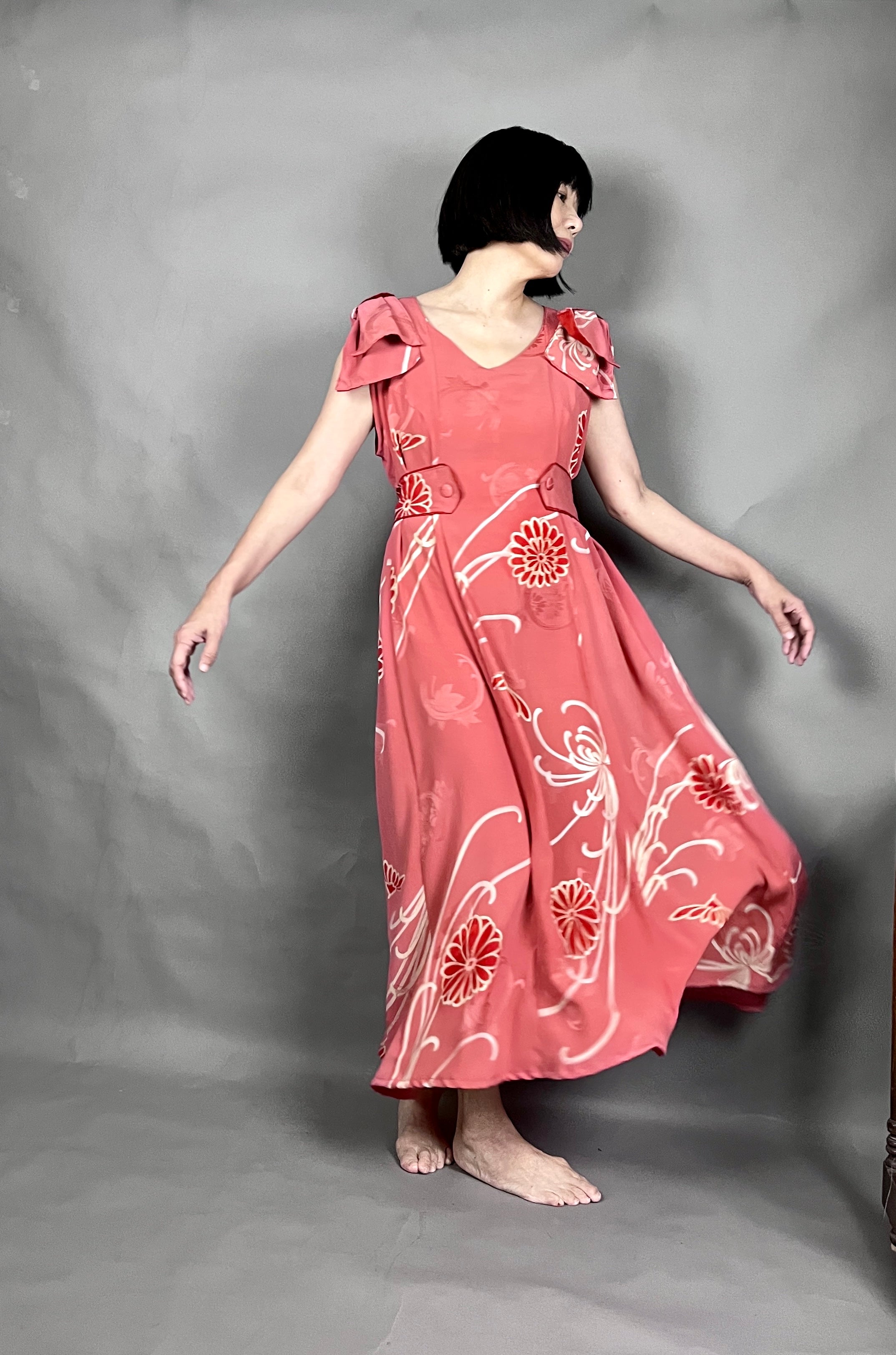 Kinsha Komon Kimono Remake “Antique Kimono Gathered Dress” – JAPON