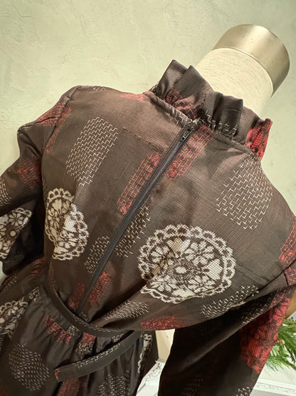 【大島紬】フリル襟大人ティアードスカートドレス　