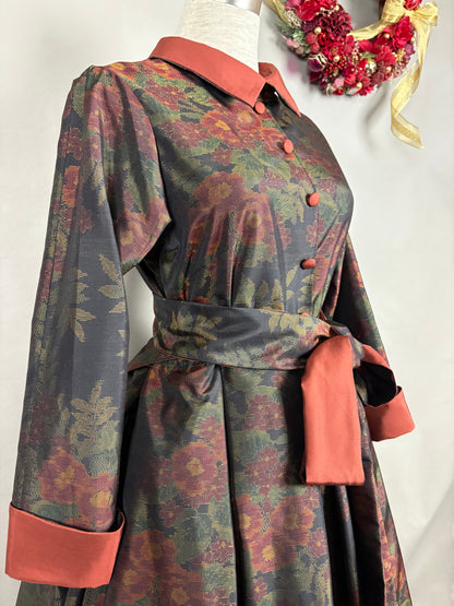 【大島紬】シャツカラー風ロングドレス