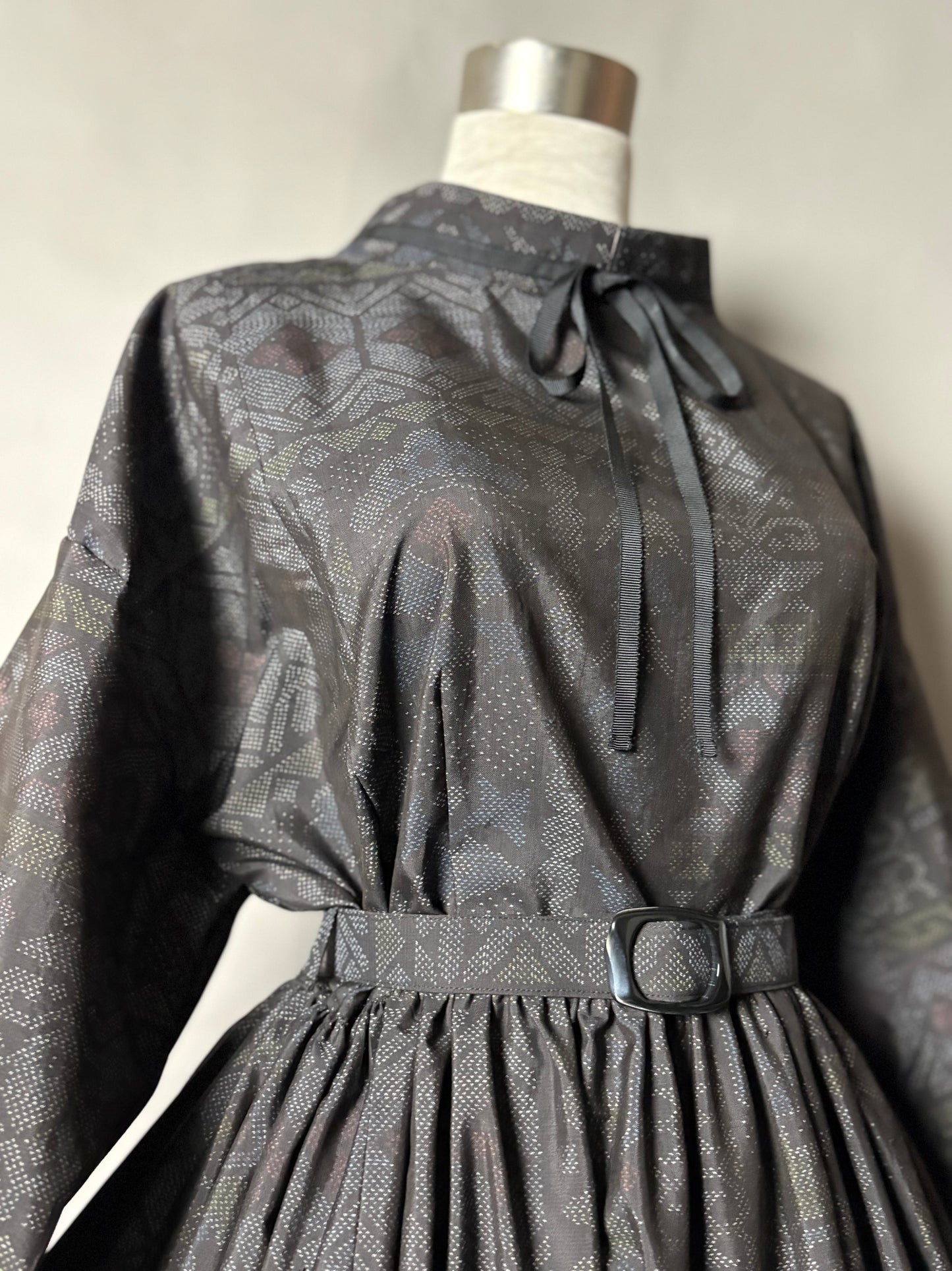 【大島紬】ドロップショルダーギャザースカートドレス