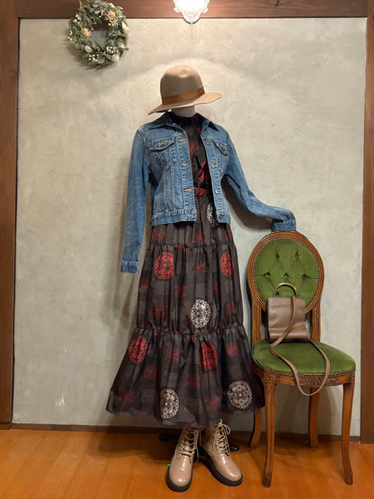 【大島紬】フリル襟大人ティアードスカートドレス　