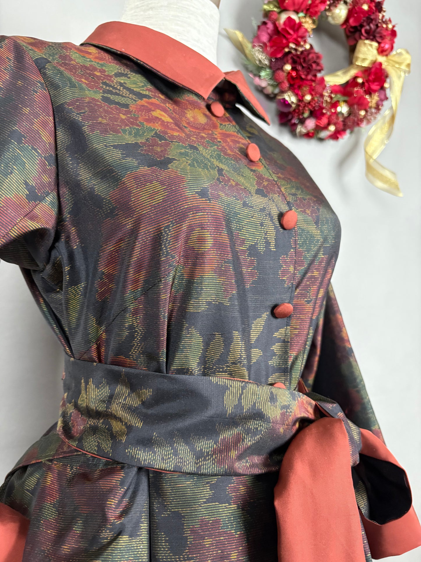 【大島紬】シャツカラー風ロングドレス