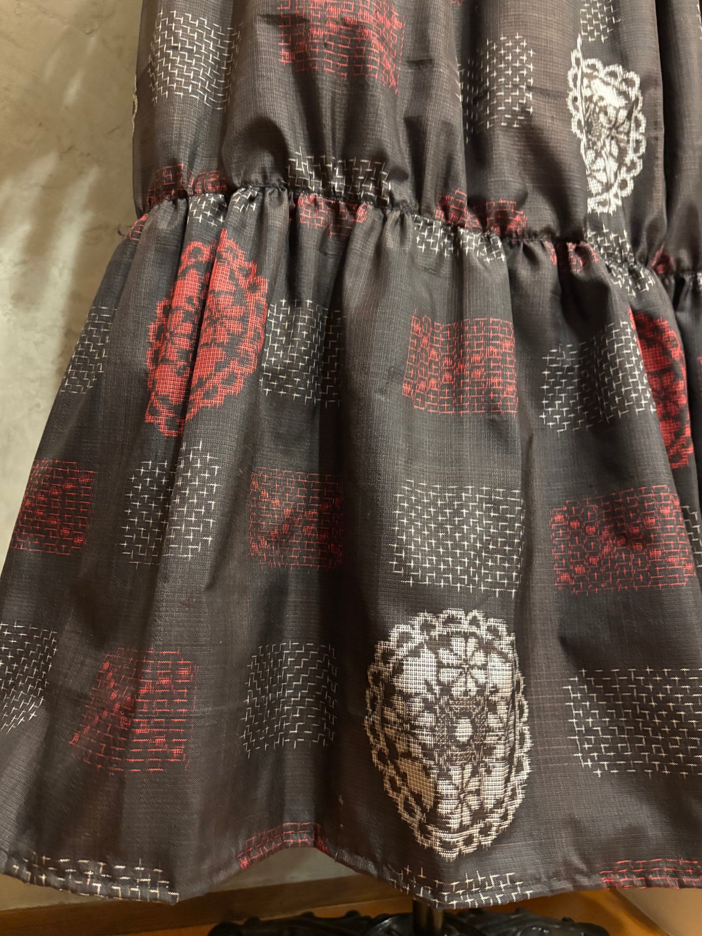 【大島紬】フリル襟大人ティアードスカートドレス　