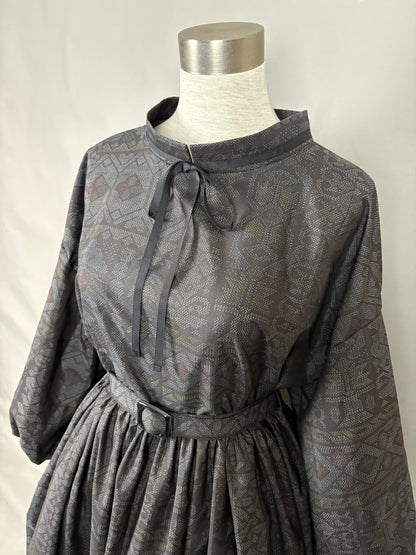 【大島紬】ドロップショルダーギャザースカートドレス