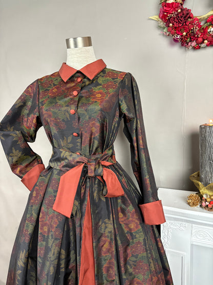 【大島紬】シャツカラー風ロングドレス