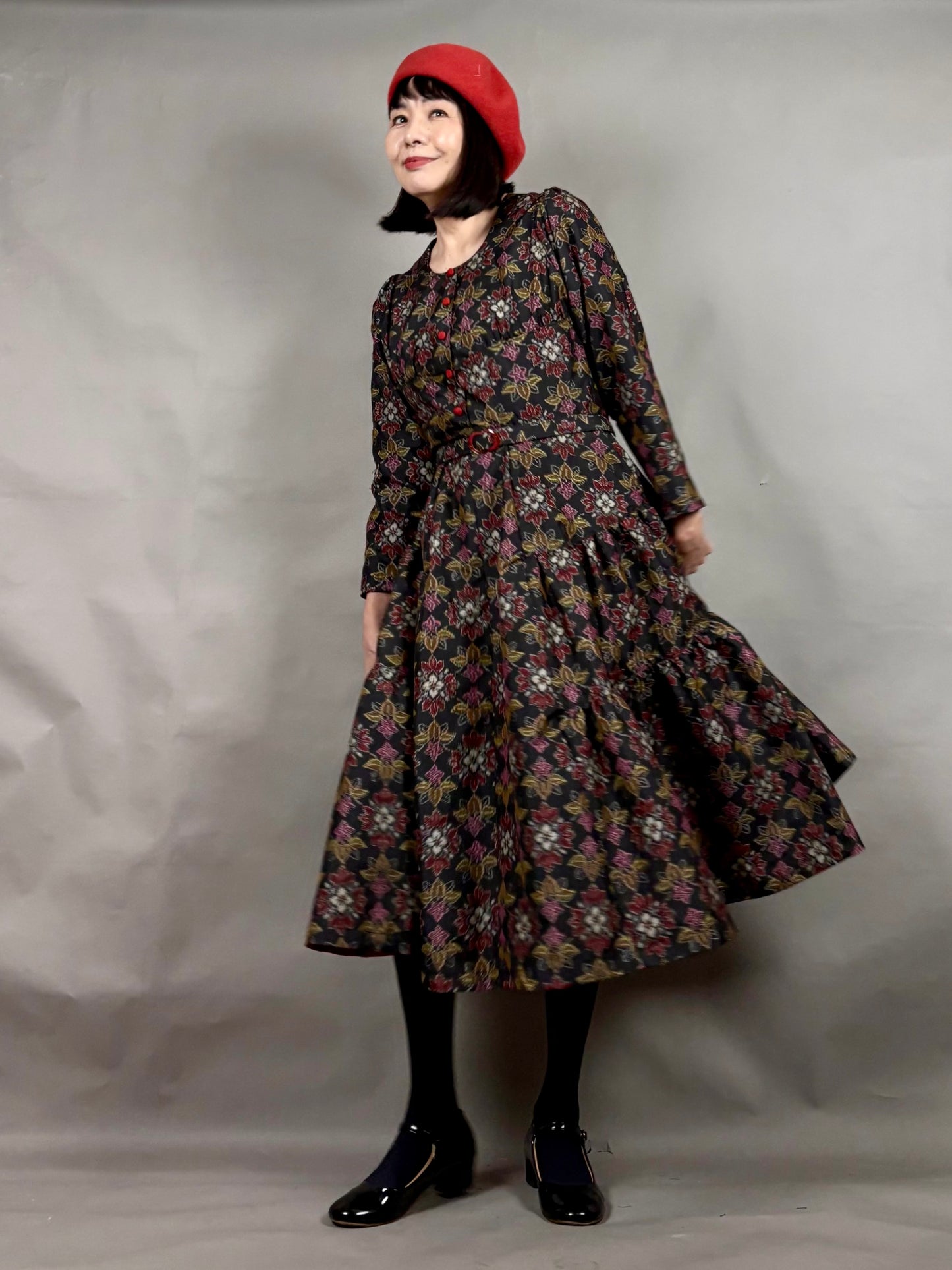 【大島紬】ヴィンテージ風ティアードサーキュラードレス　