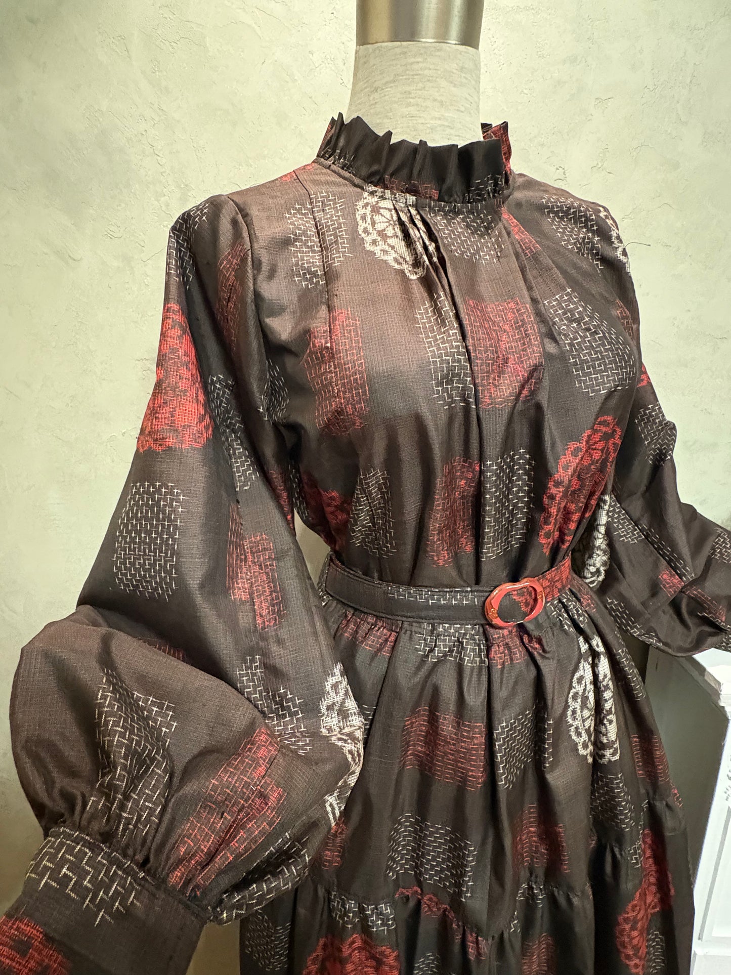 【大島紬】フリル襟大人ティアードスカートドレス　