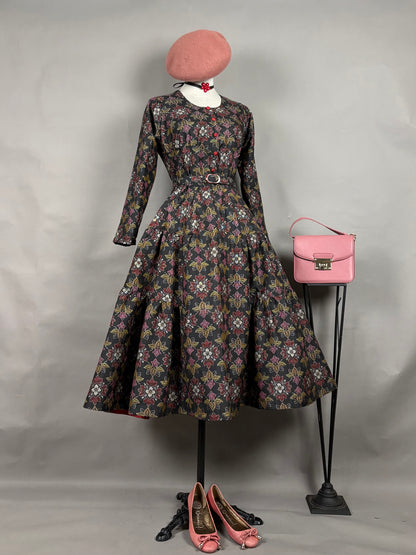 【大島紬】ヴィンテージ風ティアードサーキュラードレス　