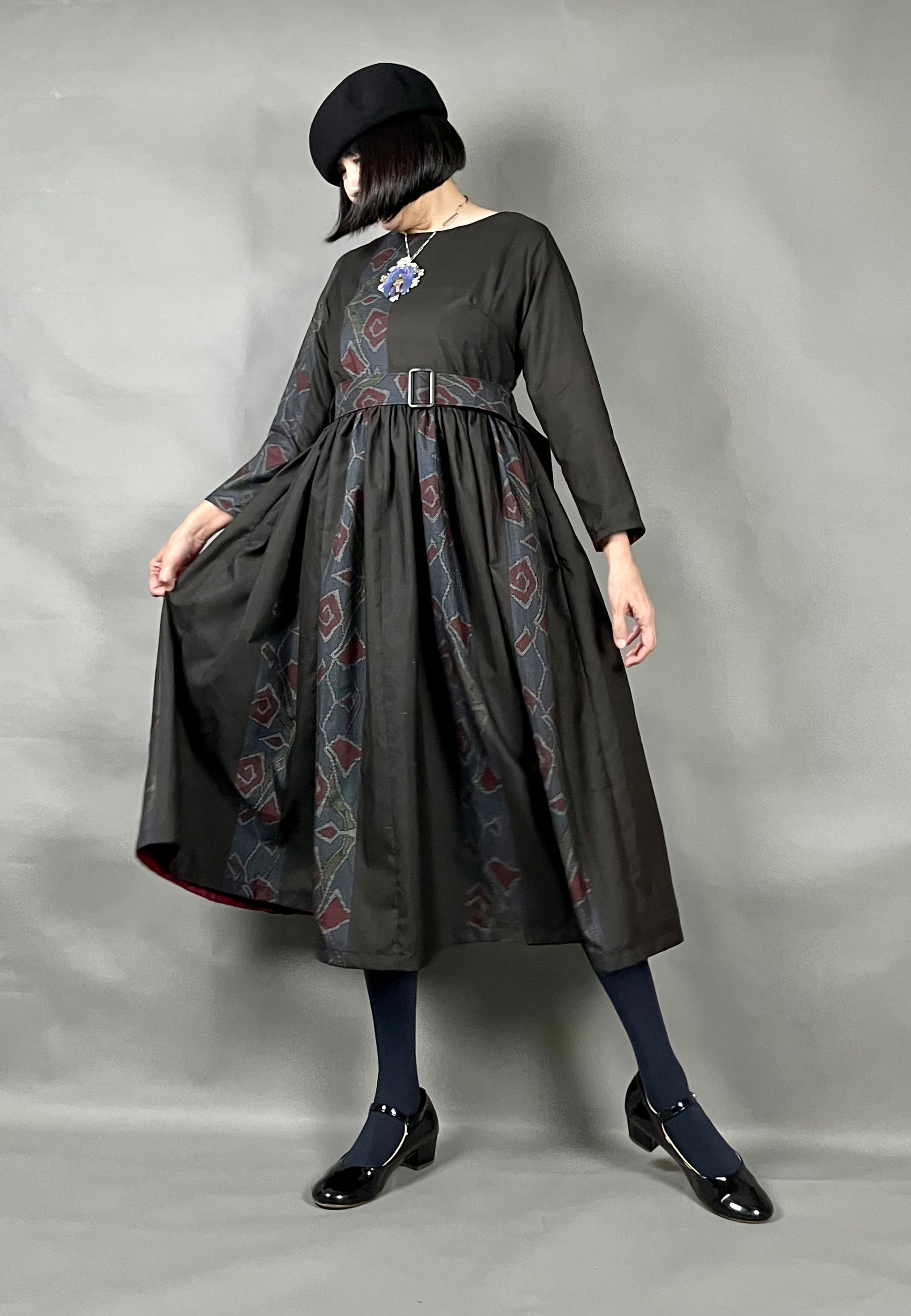 3108 着物 リメイク ドレス ワンピース 大島紬】着物リメイク薔薇ラインワンピースドレス – JAPON YOKO