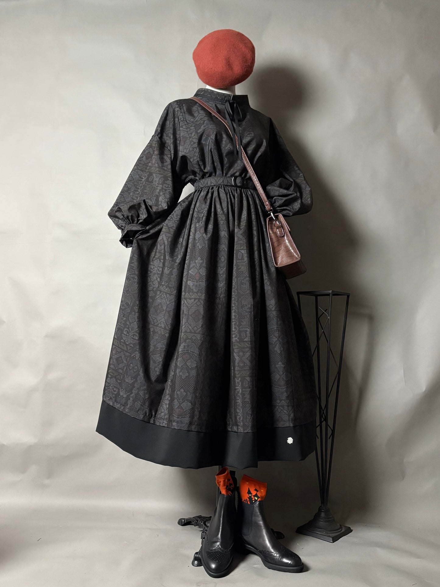 【大島紬】ドロップショルダーギャザースカートドレス