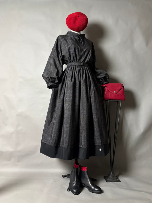 【大島紬】ドロップショルダーギャザースカートドレス