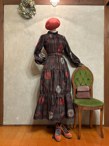 【大島紬】フリル襟大人ティアードスカートドレス　