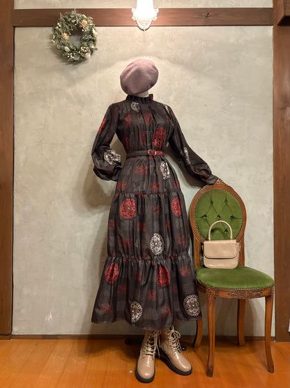 【大島紬】フリル襟大人ティアードスカートドレス　