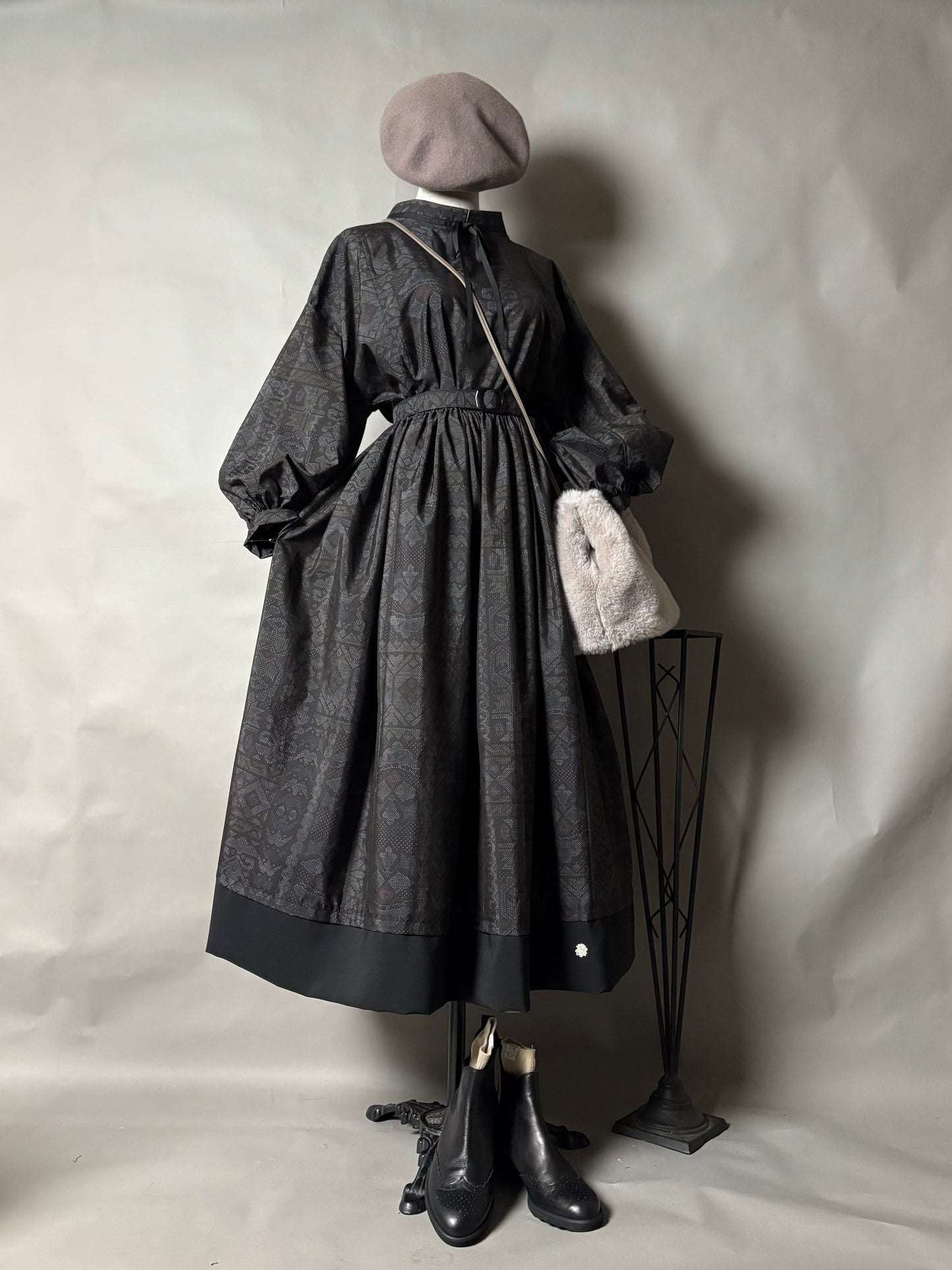 【大島紬】ドロップショルダーギャザースカートドレス