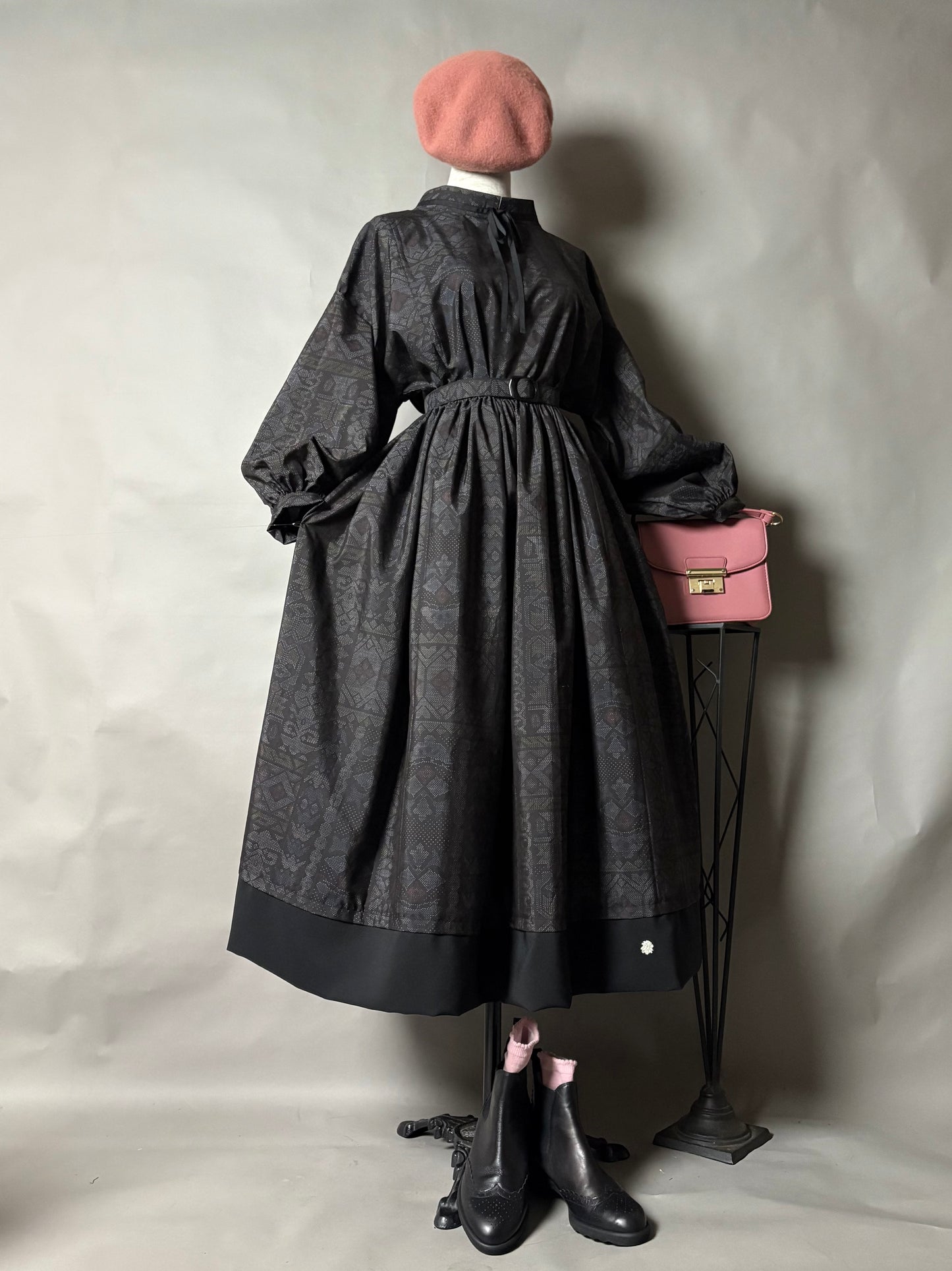 【大島紬】ドロップショルダーギャザースカートドレス