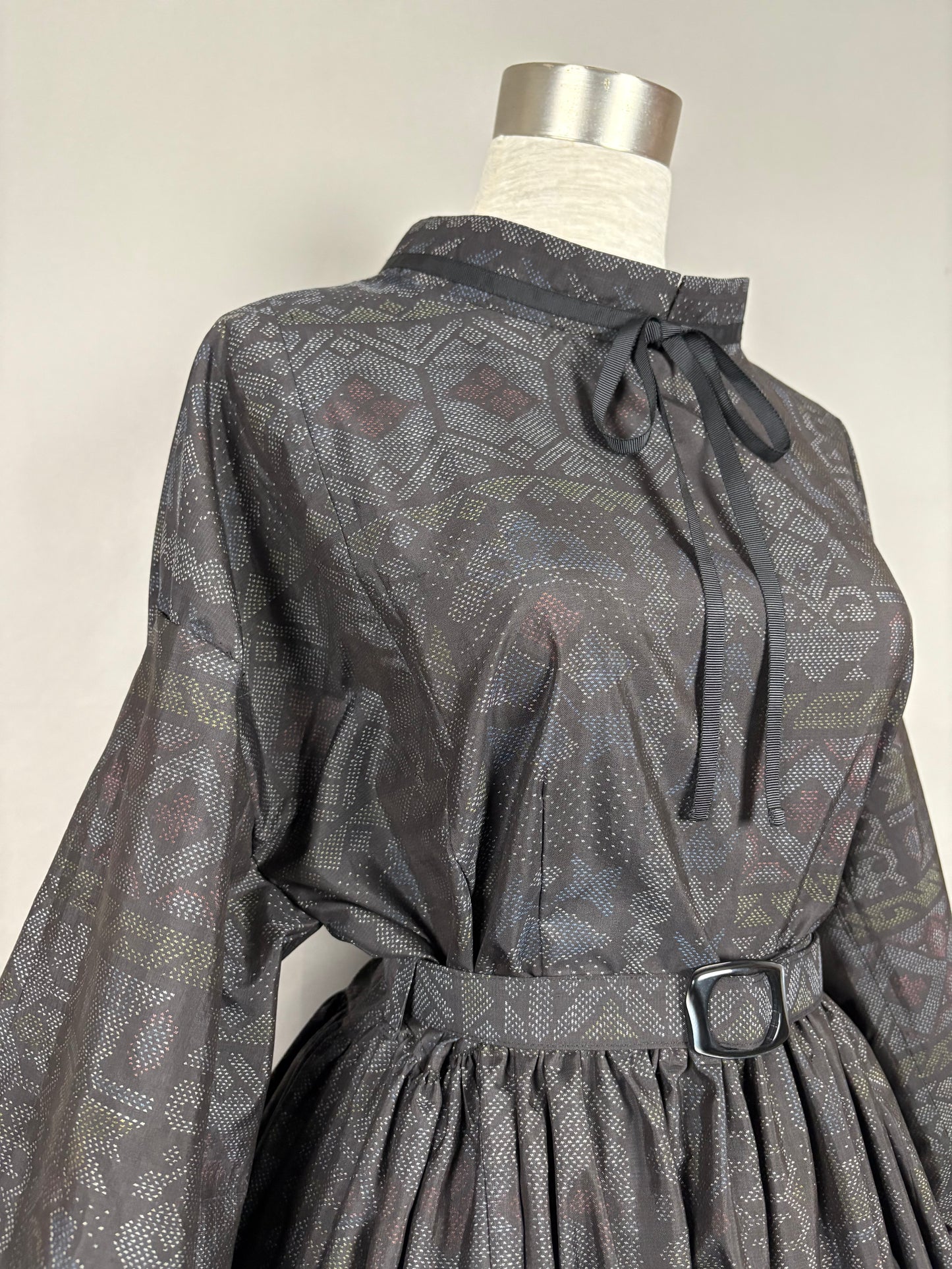 【大島紬】ドロップショルダーギャザースカートドレス