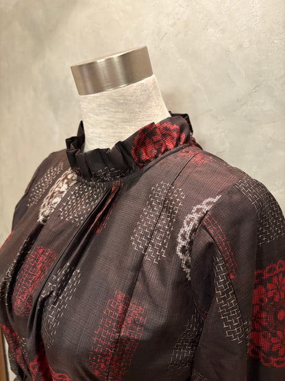 【大島紬】フリル襟大人ティアードスカートドレス　