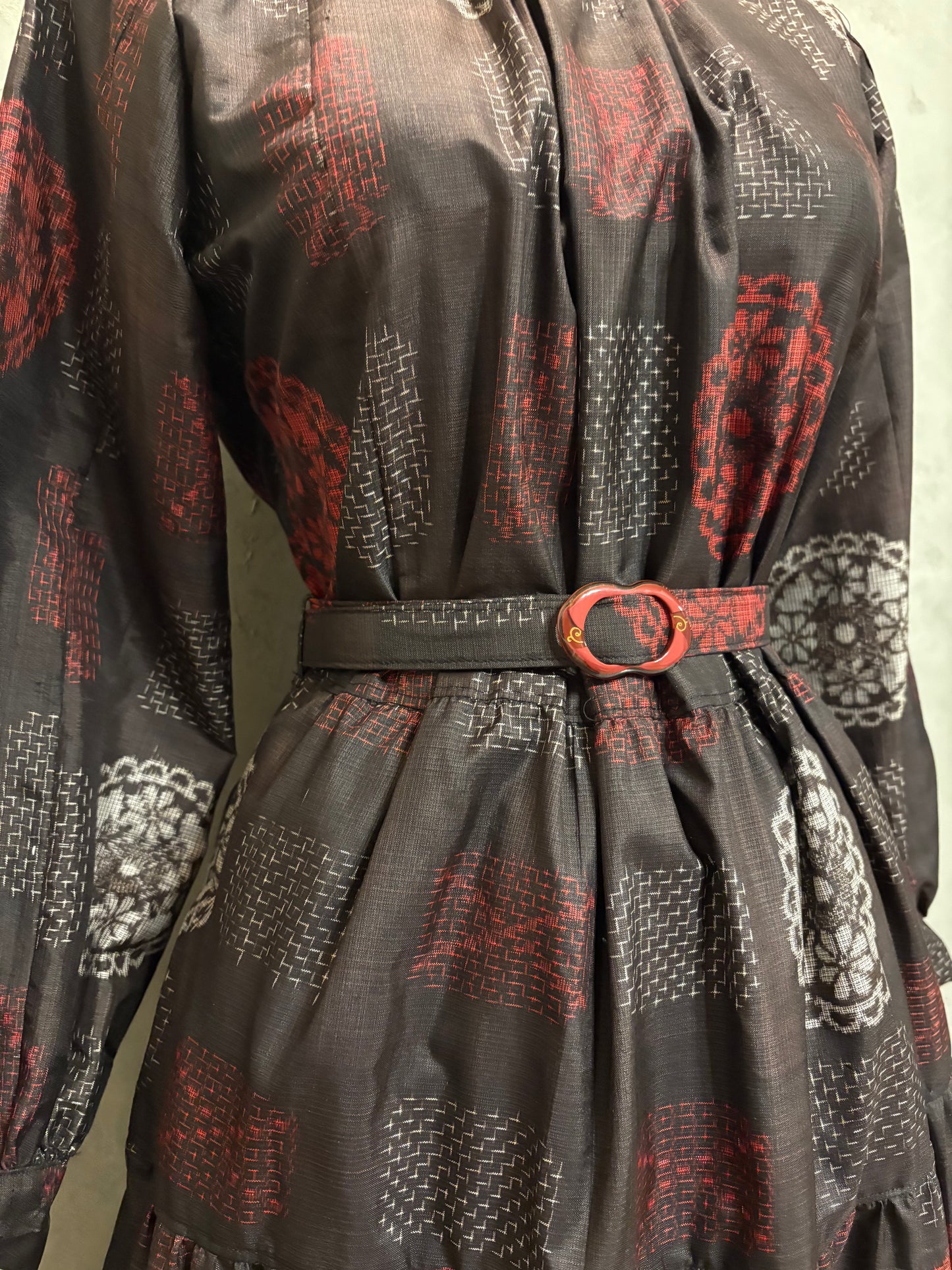 【大島紬】フリル襟大人ティアードスカートドレス　