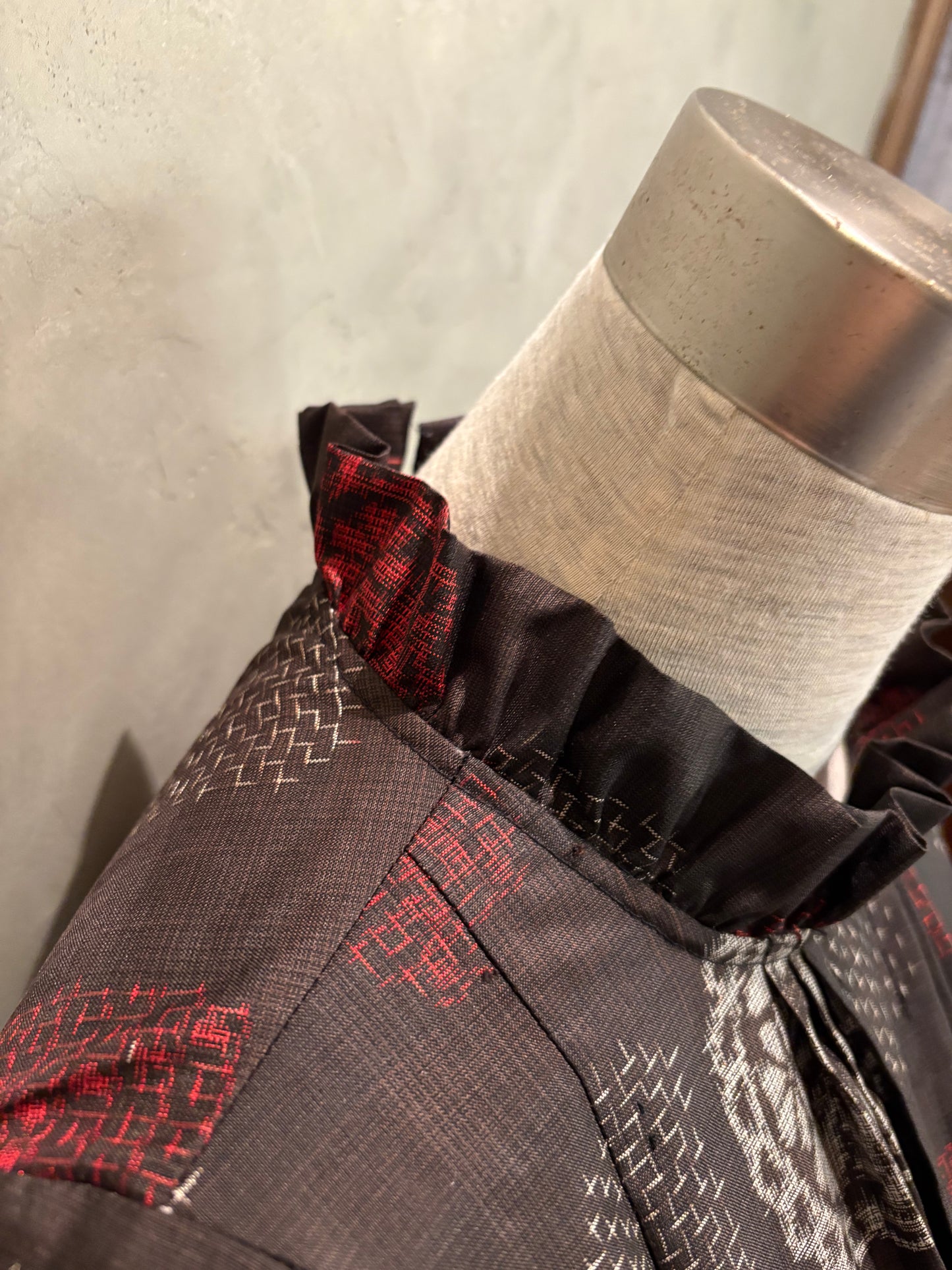 【大島紬】フリル襟大人ティアードスカートドレス　