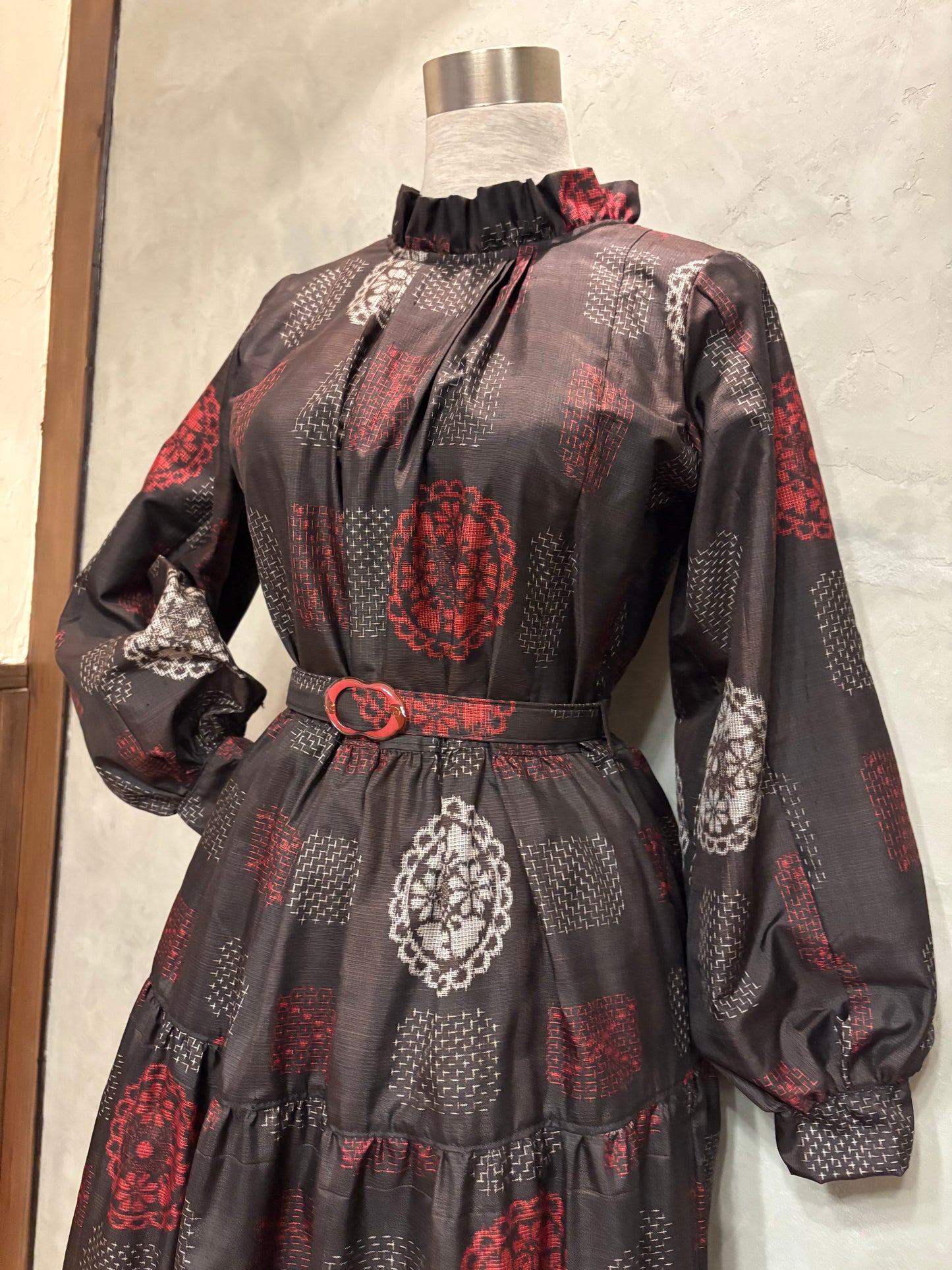 【大島紬】フリル襟大人ティアードスカートドレス　