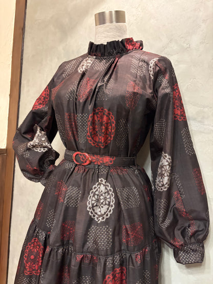 【大島紬】フリル襟大人ティアードスカートドレス　