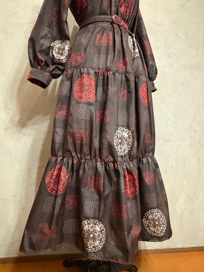 【大島紬】フリル襟大人ティアードスカートドレス　