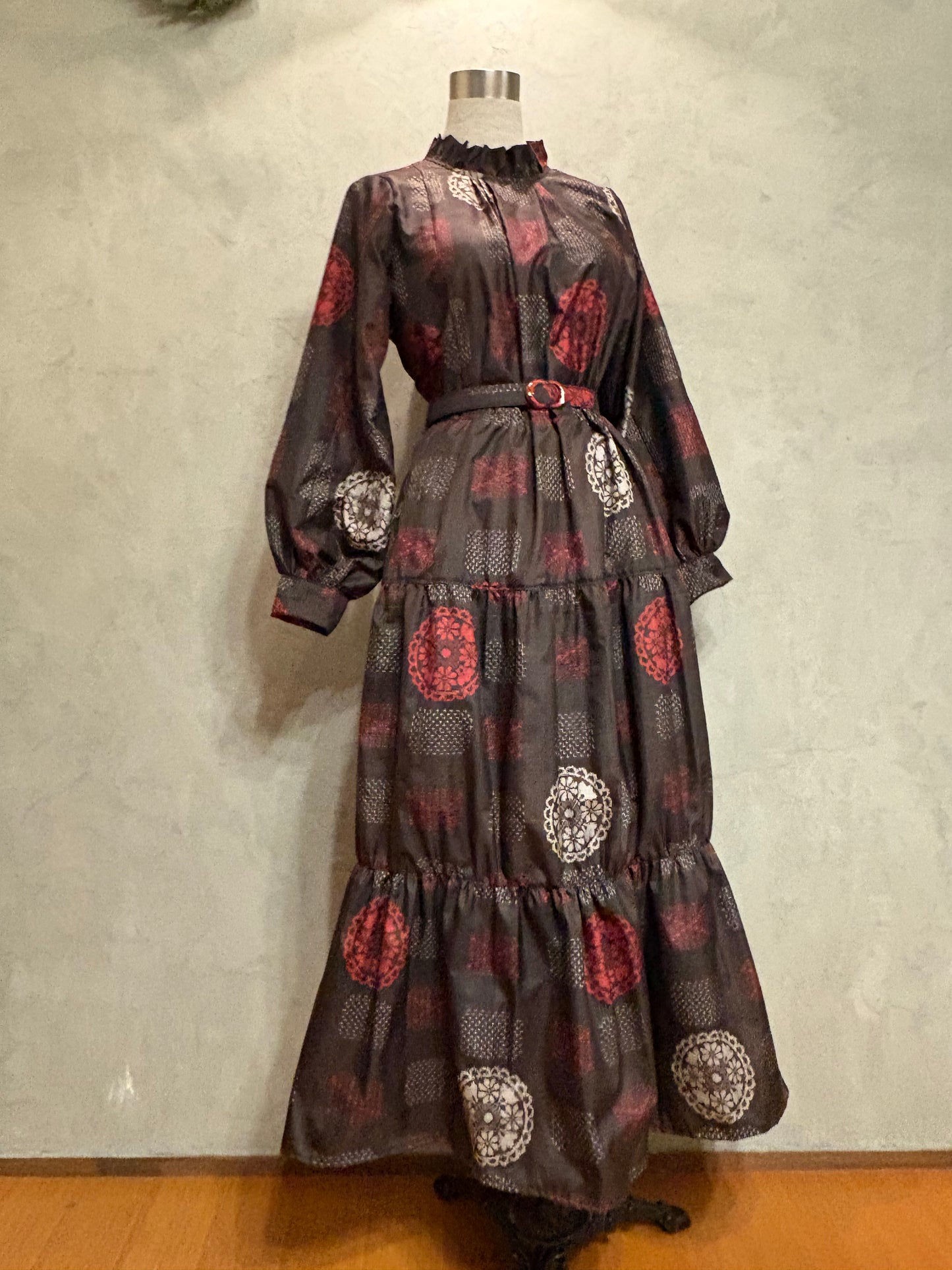 【大島紬】フリル襟大人ティアードスカートドレス　